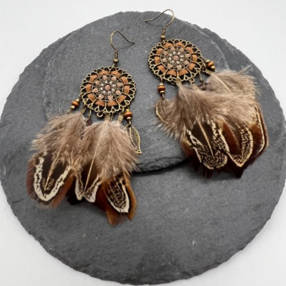 Boho Feather Dreamcatcher Dangle Statement Earrings - Picture 7 of 8